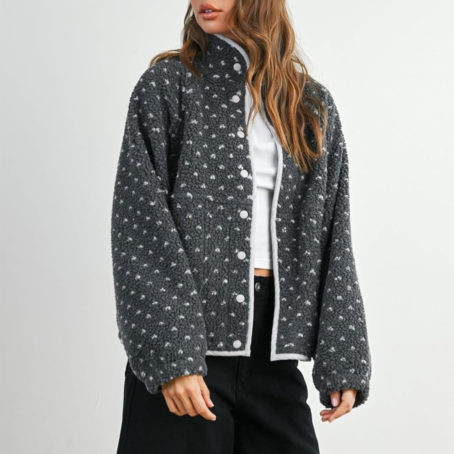 Slouchy Fleece Jacket Women Long Sleeve Button Down High Neck Polka Dot Puffer Jackets Sherpa Overcoat with Pockets - Image 5