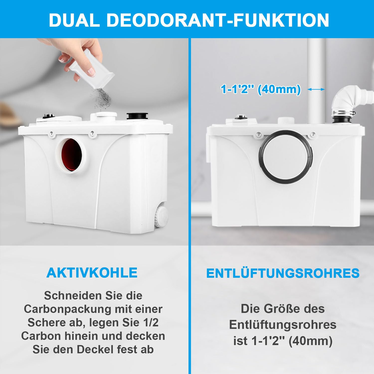 Hebeanlage Kleinhebeanlage, 700W Schmutzwasserpumpe Fäkalienpumpe 190L/min, 4 in 1 Schmutzwasser Abwasser Fäkalien Pumpe für WC Waschmaschine Waschbecken, Sehr Leise