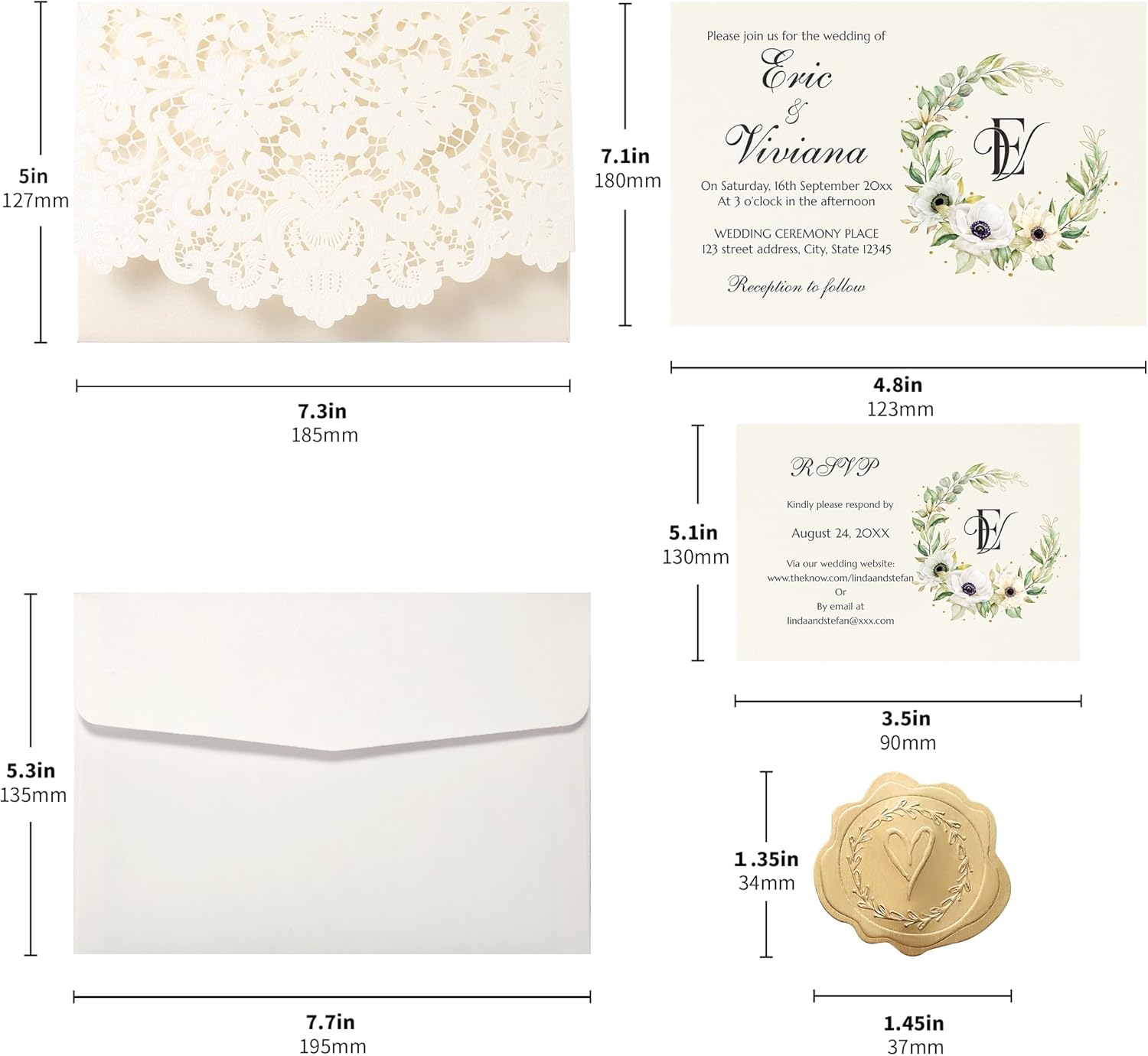 50pcs Custom Wedding Invitations with Envelopes and RSVP Cards|Personalized Wedding Invitation Cards with White Pockets|Printed Neutral Anniversary Invites with Greenery Wreath