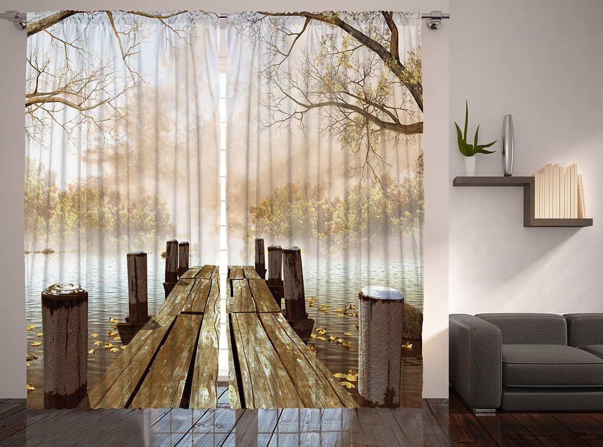 MyLinen Digital Graphic Print Lake Wooden Dock Designer's Collection Window Curtain 2 Panel 108"x90" 749