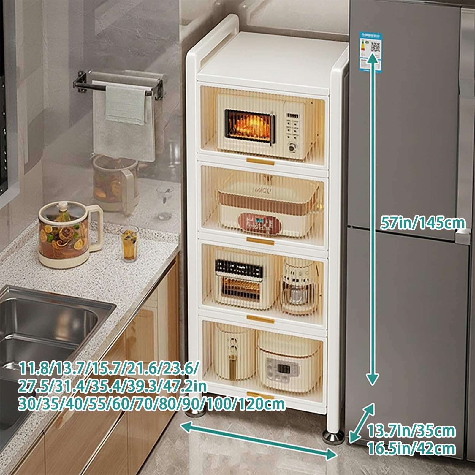 Carrello portaoggetti Sottile con Ante a ribalta, dispensa Trasparente, ripiano Multiuso in Acciaio al Carbonio su Ruote per Cucina, Soggiorno e Sala da Pranzo, 60 x 42 x 145 cm (b