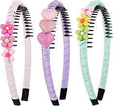 Plastic Headbands, 3Pcs Non-slip Headbands with Teeth Colorful Heart Flower Head Bands for Kids Cute Hair Comb Head Bands