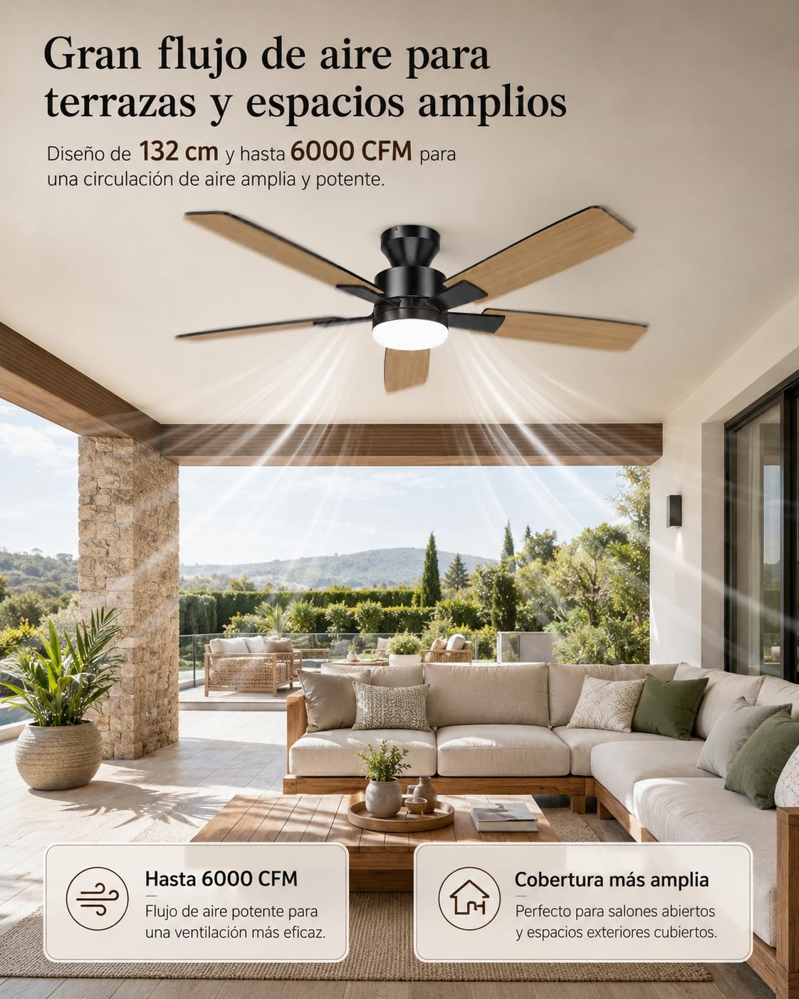 Airwit 132cm Gran Flujo de Aire Ventilador de Techo con Luz, Silencioso Ventilador Techo con Mando a Distancia, 6 Velocidades, Lampara LED Regulable, Motor DC Reversible para Dormitorio Salon Cocina