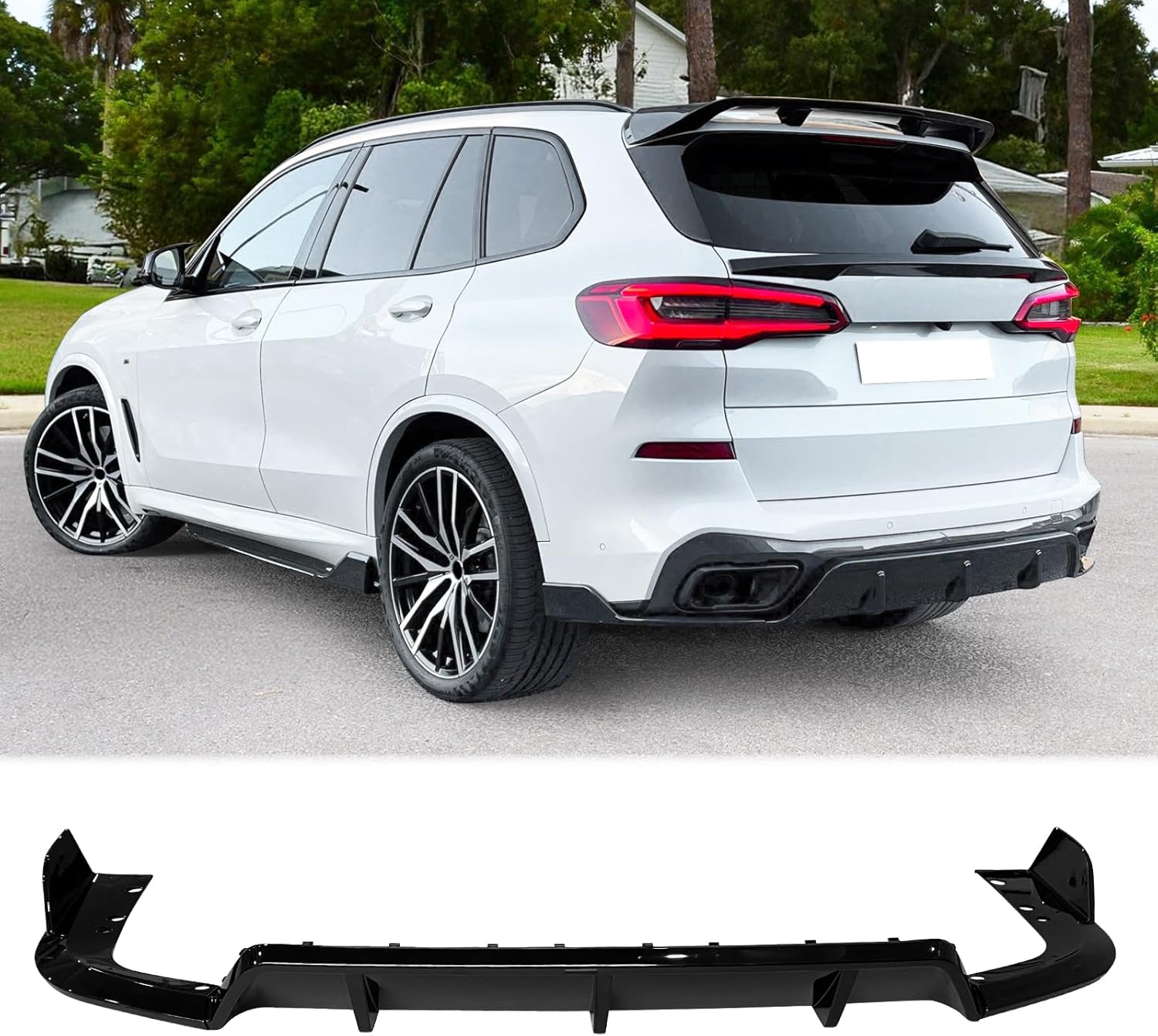 FREEMOTOR802 Rear Diffuser with Side Aprons, Compatible with 2019-2025 BMW G05 X5 LCI M Sport Package, IKON Style Gloss Black PP ABS Rear Bumper Lower Diffuser Lip Corner Guards Protectors