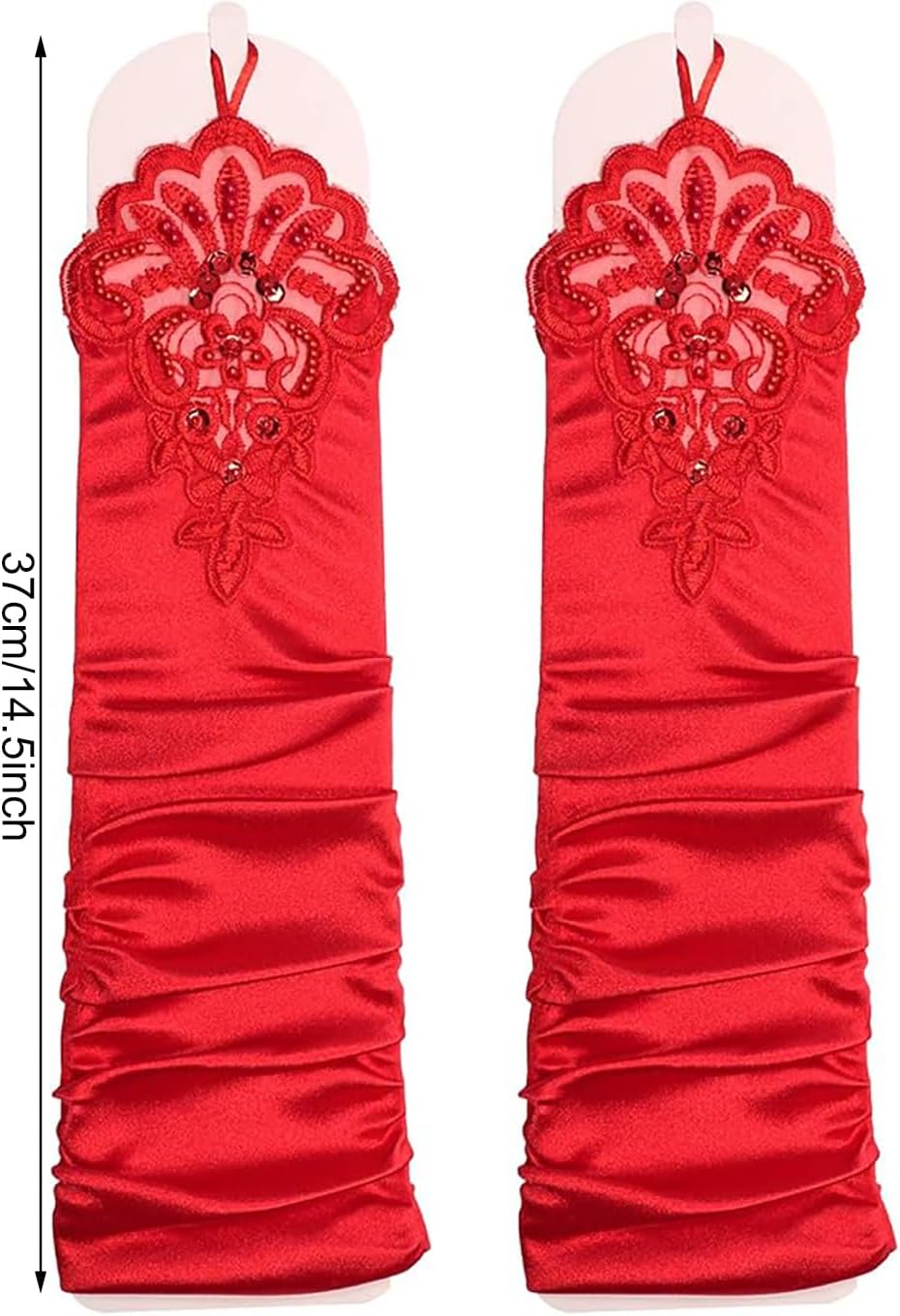 PENTA ANGEL 1920s Red Long Opera Gloves with Finger Loops Stretchy Fingerless Floral Embroidery Sequins Satin Evening Bridal Party Elbow Gloves for Women Theme Party Halloween Costume - Image 2