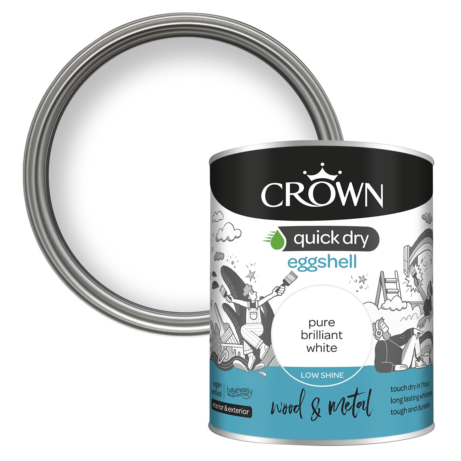 Crown Paint WOOD AND METAL Pure Brilliant White - Quick Dry Eggshell Paint for Wood, Metal and uPVC - Radiators, Skirting Boards and Doors - Interior & Exterior - Water Based, Non Yellowing - 750ml