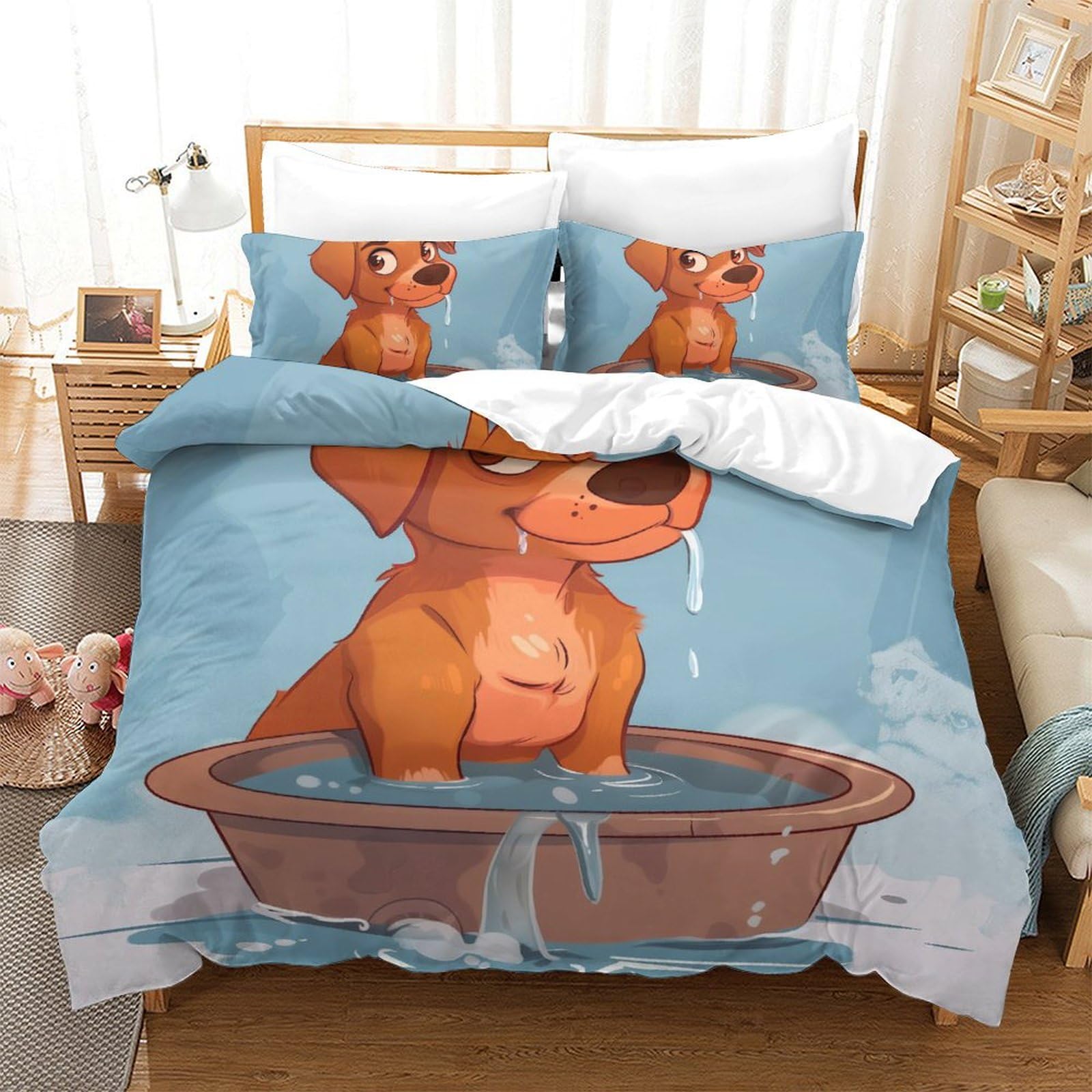 Housse de couette 220x240 chien 3D hypoallergénique et facile à laver pour ados
