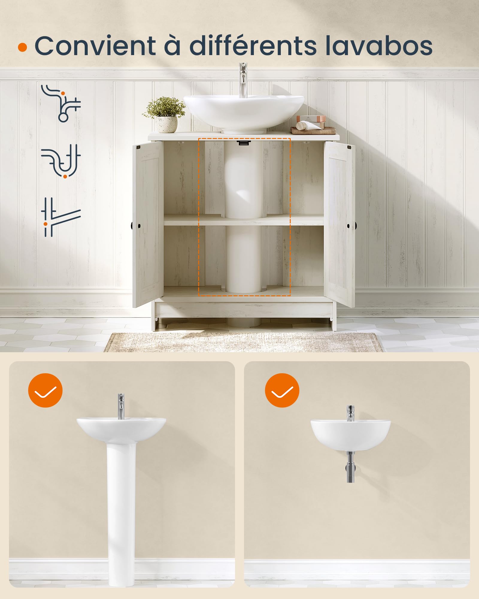 SONGMICS Home Meuble sous Lavabo, Assemblage Ultra-Rapide sans Outils Toolless, Meuble de Rangement avec Étagère Réglable, pour Lavabos avec ou sans Colonne, Blanc Rustique BBC223WJ01