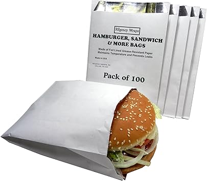 Regency Wraps Grease Resistant Snack Serving Bags, Foil Lined, Pack of 100 For Burgers, Sandwiches, Paninis, Pitas, Insulated to Keep food Warm