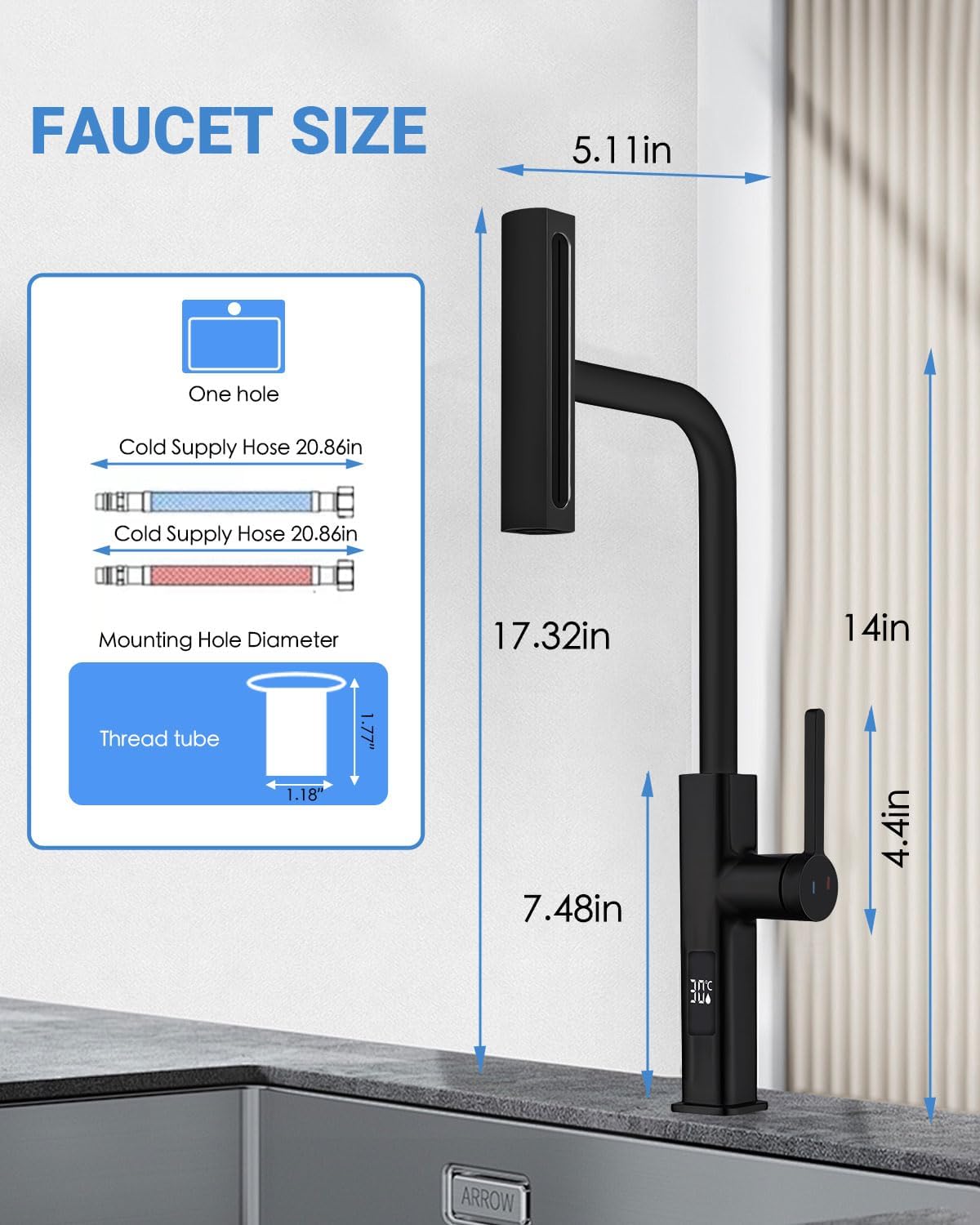 Black Kitchen Faucet with Pull Down Sprayer, Waterfall Pull Out Kitchen Faucet with Temperature(Batteries-Free), 4 Mode Faucet & 360 Swivel Spout, Single Handle Faucet for 1 Hole Sink