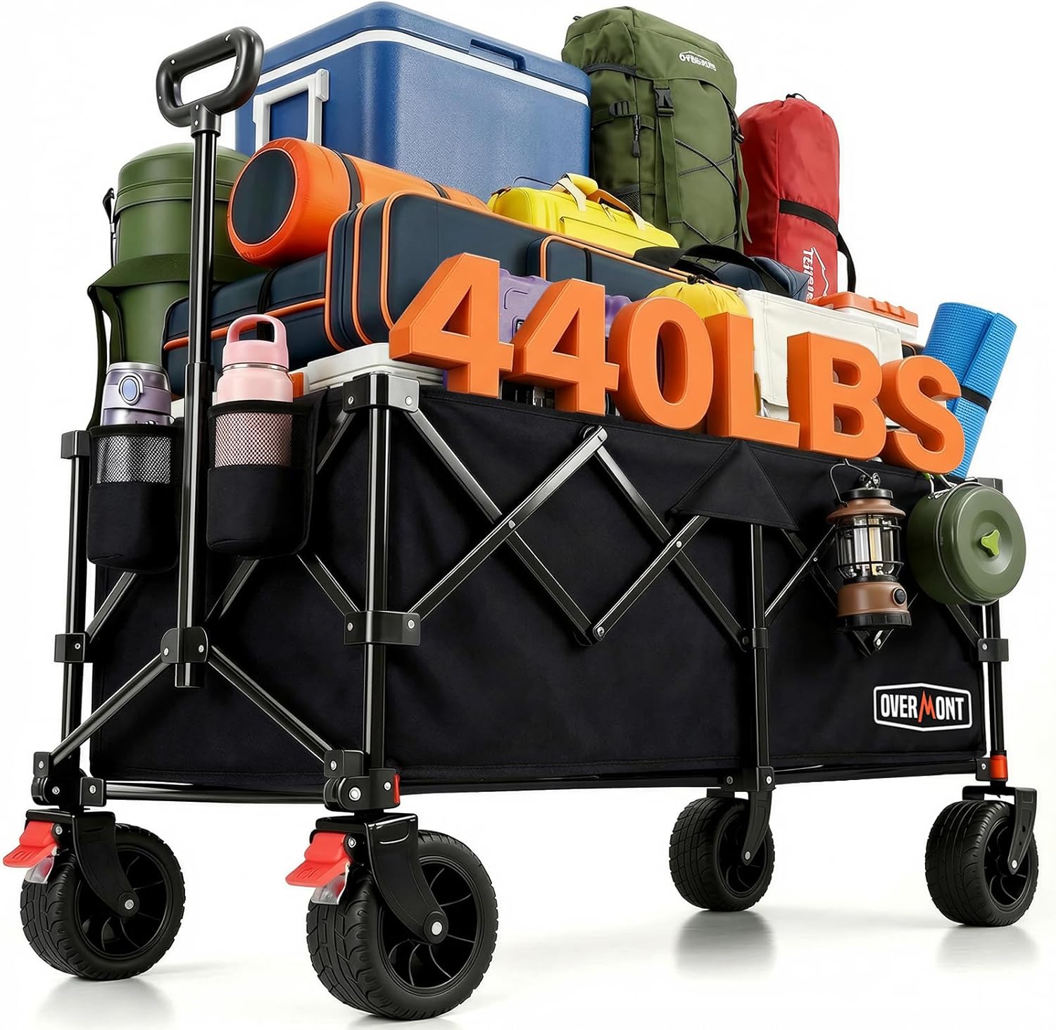 Overmont 46.6" L Extended Collapsible Wagon Cart - 440LBS Heavy Duty Foldable Beach Wagon with Big All-Terrain Wheels - Portable Folding Utility Wagon for Camping Sports Grocery Garden Shopping