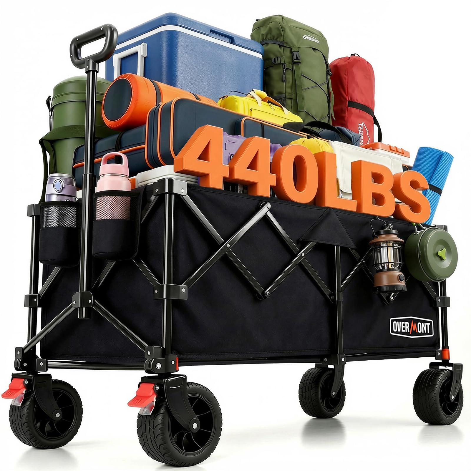 Overmont 46.6" L Extended Collapsible Wagon Cart - 440LBS Heavy Duty Foldable Beach Wagon with Big All-Terrain Wheels - Portable Folding Utility Wagon