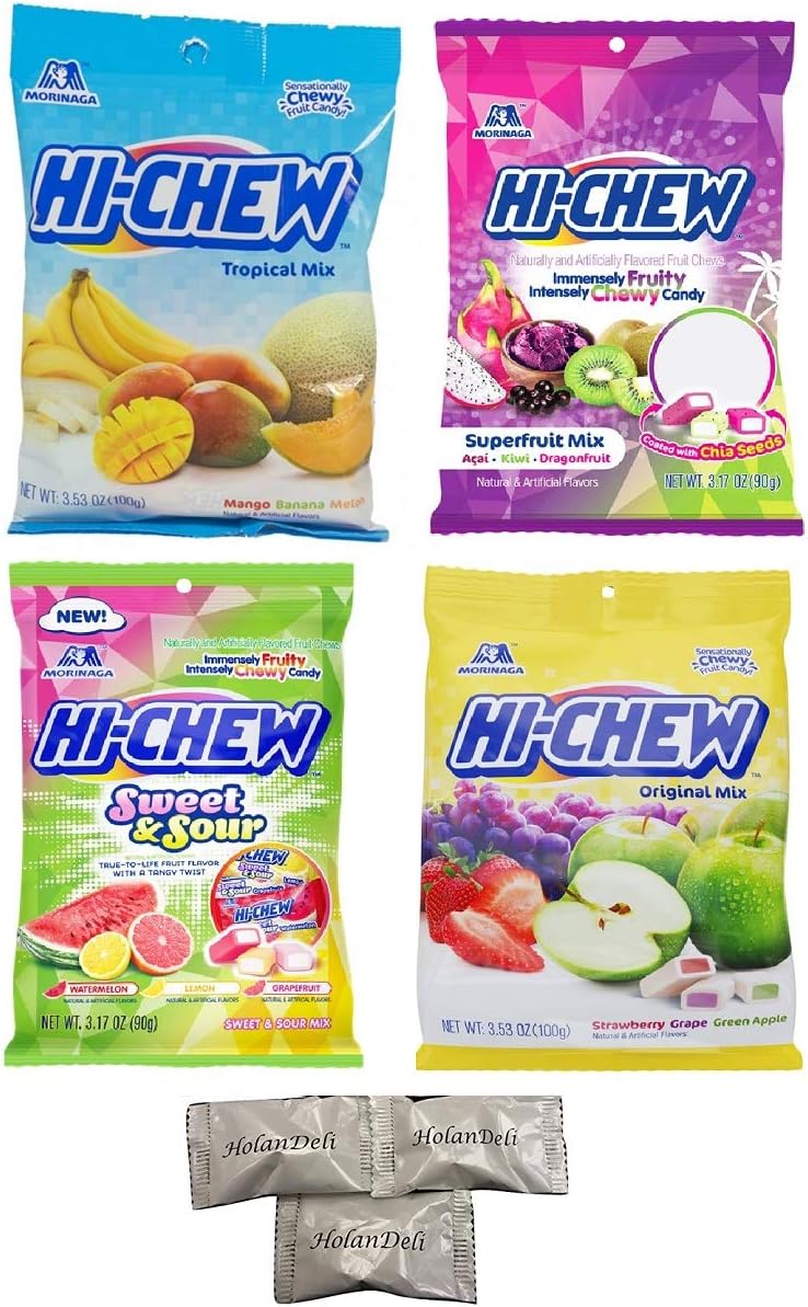 (pack of 4) Hi-Chew Assorted Bag. Hi Chew Tropical Mix, Superfruit, Sweet and Sour, Original Mix. Includes HolanDeli Mints.