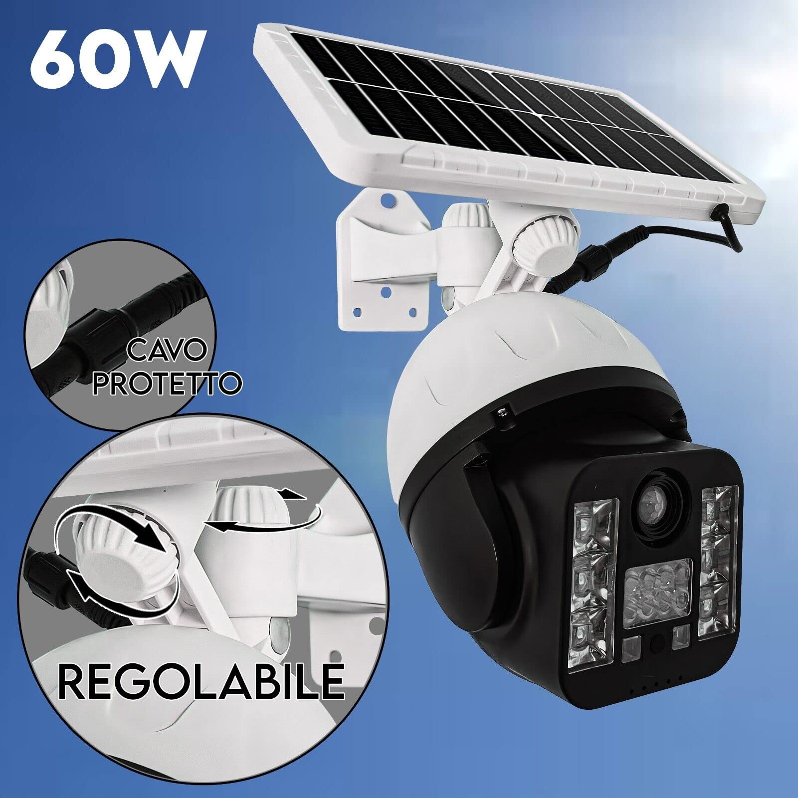 Telecamera Finta Da Esterno Con Ricarica Pannello Solare, Lampada led Da Strada Faro led Con Sensore Di Movimento, Videocamera Finta Per Sicurezza 30 Led - 60 watt