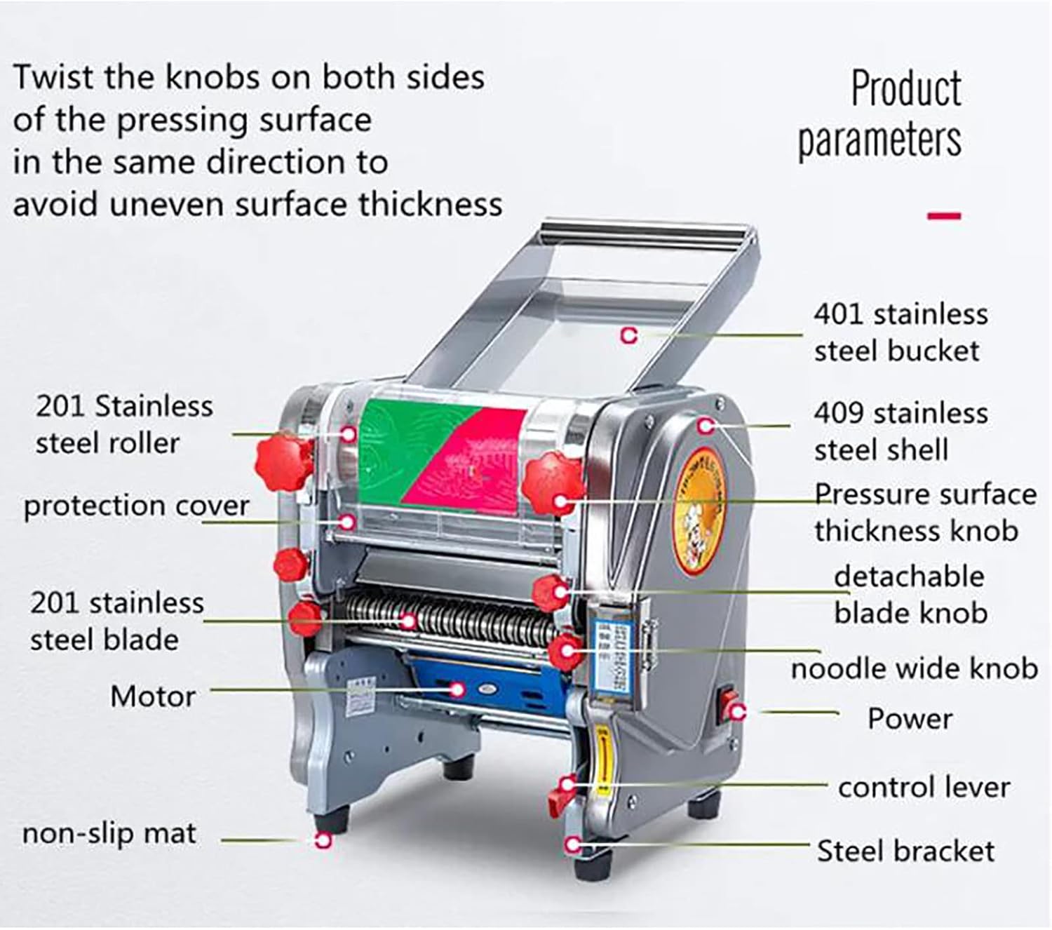 750W Electric Pasta Machine, Stainless Steel Kneading Machine, Household Noodle Machine, 0.12-20mm Thickness Adjustable, 3/9mm Flat Noodles, 1.5/1.8/2.5mm Round Noodles,E-Double