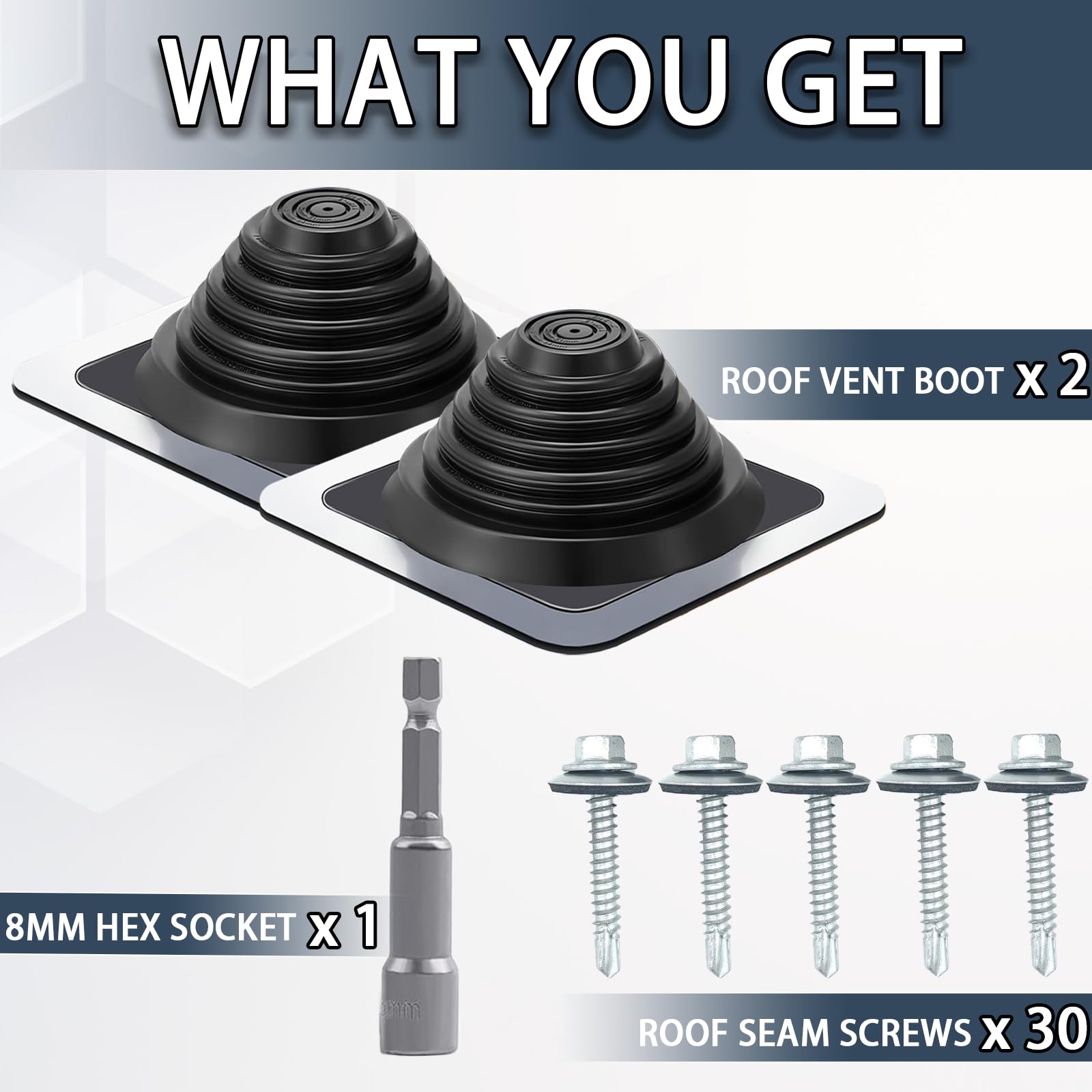 Paquete de 2 botas de ventilación de techo de metal, tubo flexible intermitente, kit de botas de chimenea de silicona de alta temperatura para tuberías OD de 1/4 a 5 3/4 pulgadas, incluye funda de