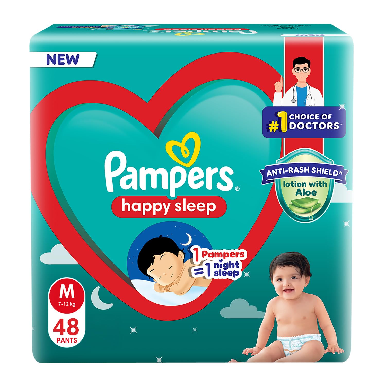 Pampers Happy Sleep Pant Style Baby Diapers, Medium (M), 50 Count, 1 Pampers = 1 Night Sleep, with Anti Rash Shield, 7-12 Kg Diapers