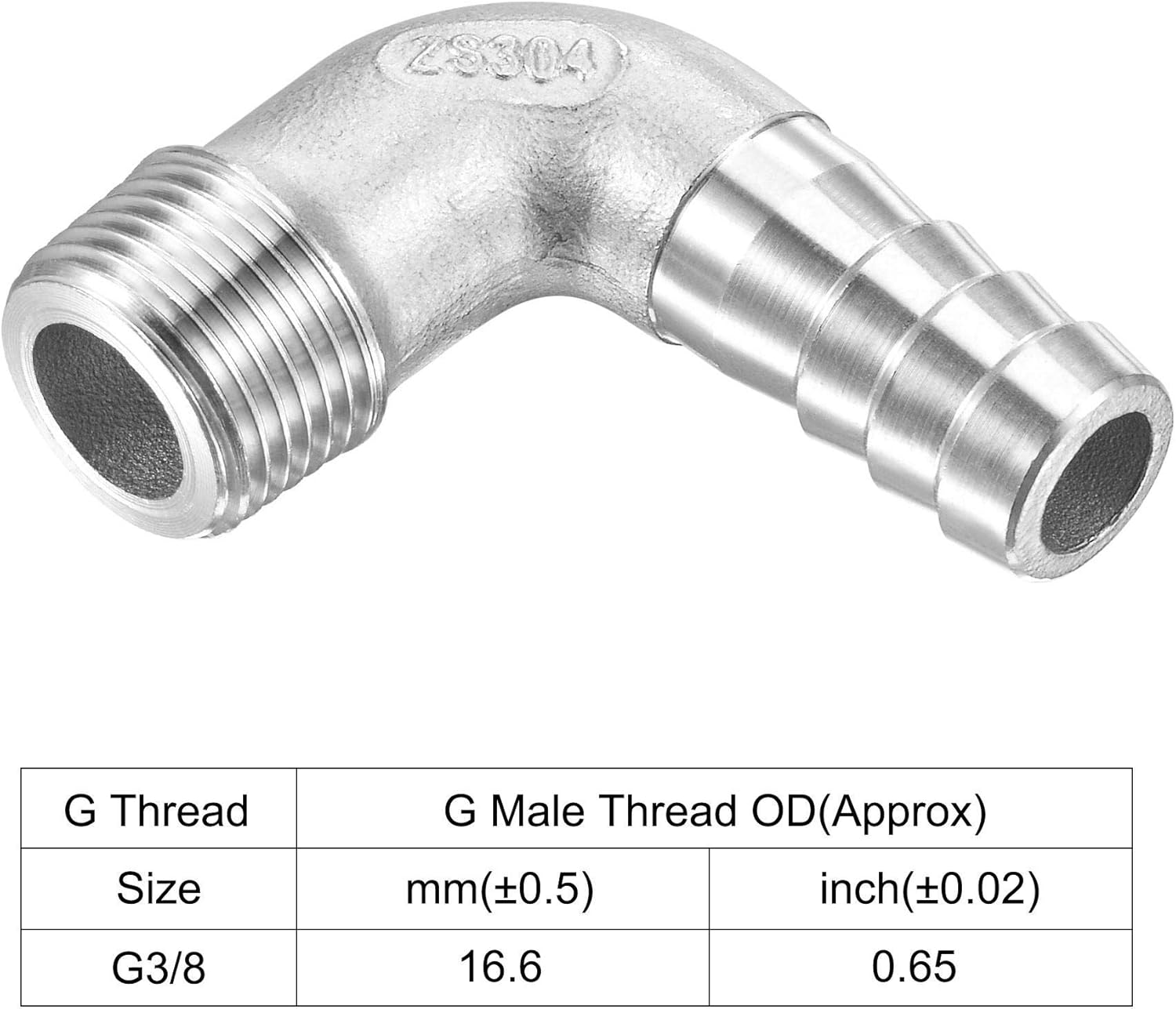 sourcing map 304 Stainless Steel Hose Barb Fitting Elbow, 12mm Barbed x G3/8 Male Pipe Connector Adapter for Water Fuel Air Pack of 2 - Image 5