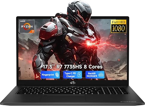 NIMO 17.3" Light-Gaming-Laptop, 8 Cores AMD Ryzen 7 32GB DDR5 5600MHz 1TB SSD Beat i7 12650H up to 4.75GHz Radeon 680M, FHD 100W Fast PD Backlit Keyboard AI Content Creators & Student