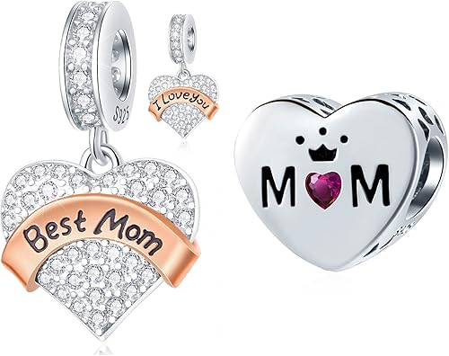 Juego de dijes con texto en inglés "I Love You" para mujer, pulseras Pandora para mujer, dijes de corazón para mamá y la mejor mamá, juego de joyas