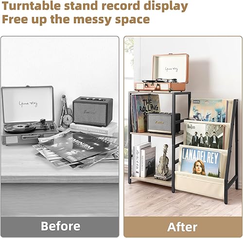 Miniatura 6 de Bikoney Soporte para tocadiscos, soporte para tocadiscos con almacenamiento de discos de vinilo de 3 niveles, mesa para tocadiscos de hasta 200