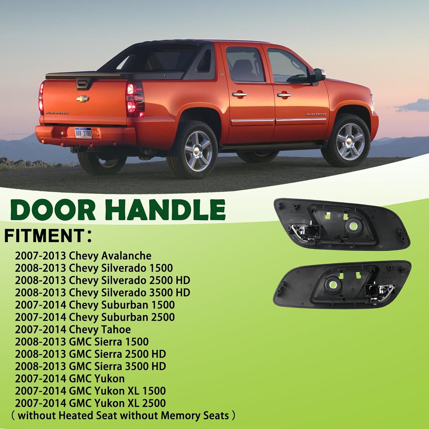 2pcs Interior Door Handles Without Hole Front Left &Right Side Black Compatible with 2007-2014 Chevrolet Chevy Silverado 1500 2500 3500 Avalanche Suburban Tahoe, GMC Sierra Yukon