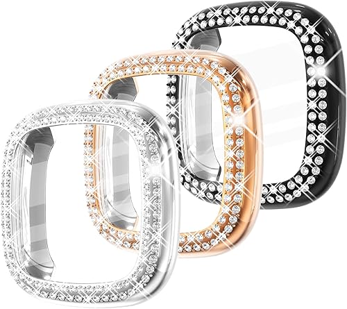 Fullife Paquete de 3 parachoques de TPU para Fitbit Versa 4, protector de pantalla de diamantes de cristal HD, funda protectora completa para