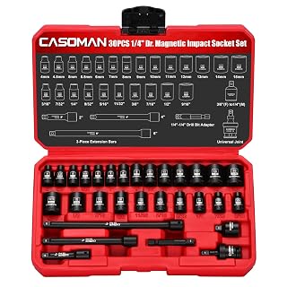 CASOMAN 30PCS 1/4” Drive Magnetic Shallow Impact Socket Set, 6 Point, CR-MO, SAE & Metric, Include Extension Bars, Socket & Hex shank Adapters, Universal Joint - Amazon product rated Grade A