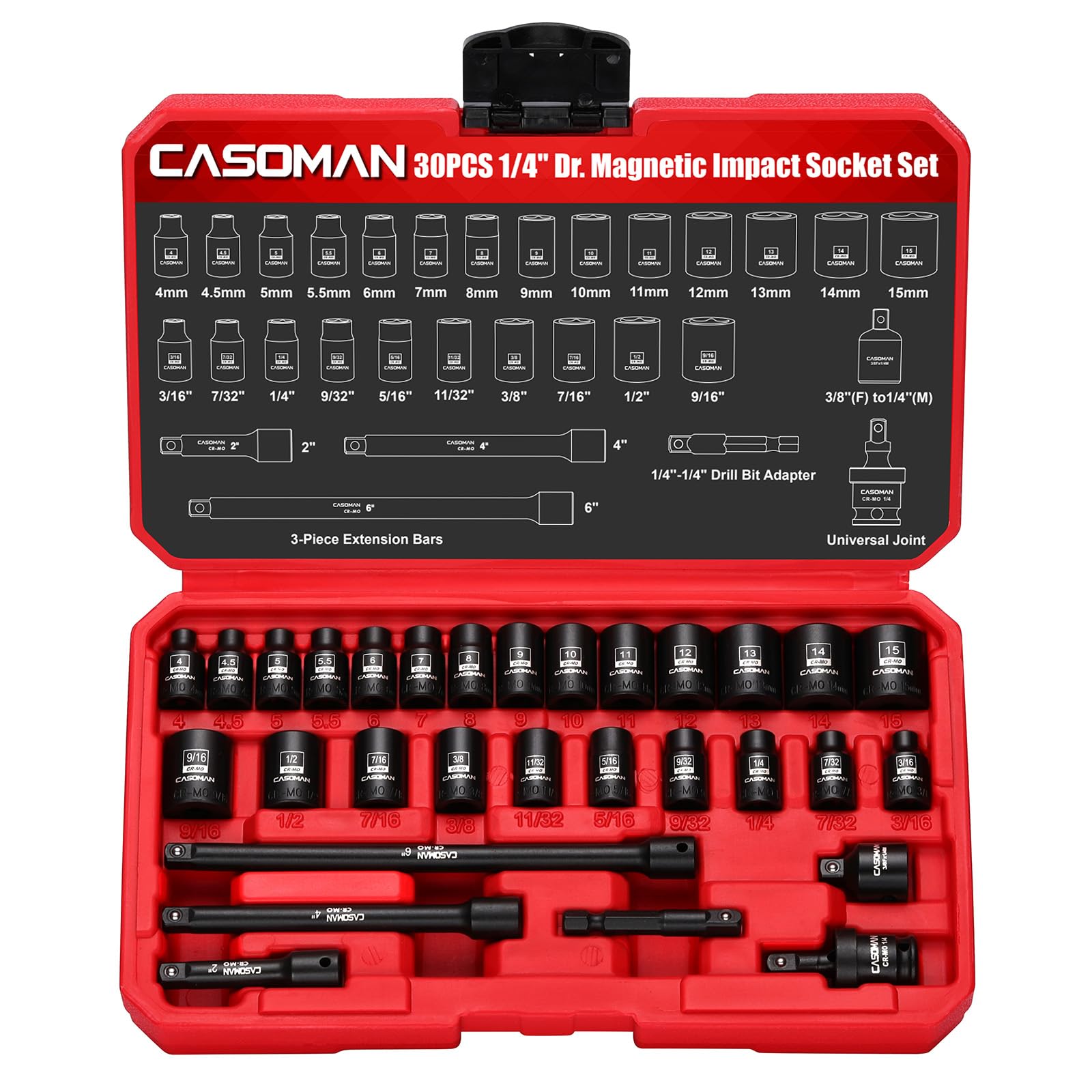 CASOMAN Set di 30 bussole magnetiche a impatto basso da 1/4", 6 punti, CR-MO, SAE e metrico, include barre di estensione, adattatori per prese e codolo esagonale, giunto universale