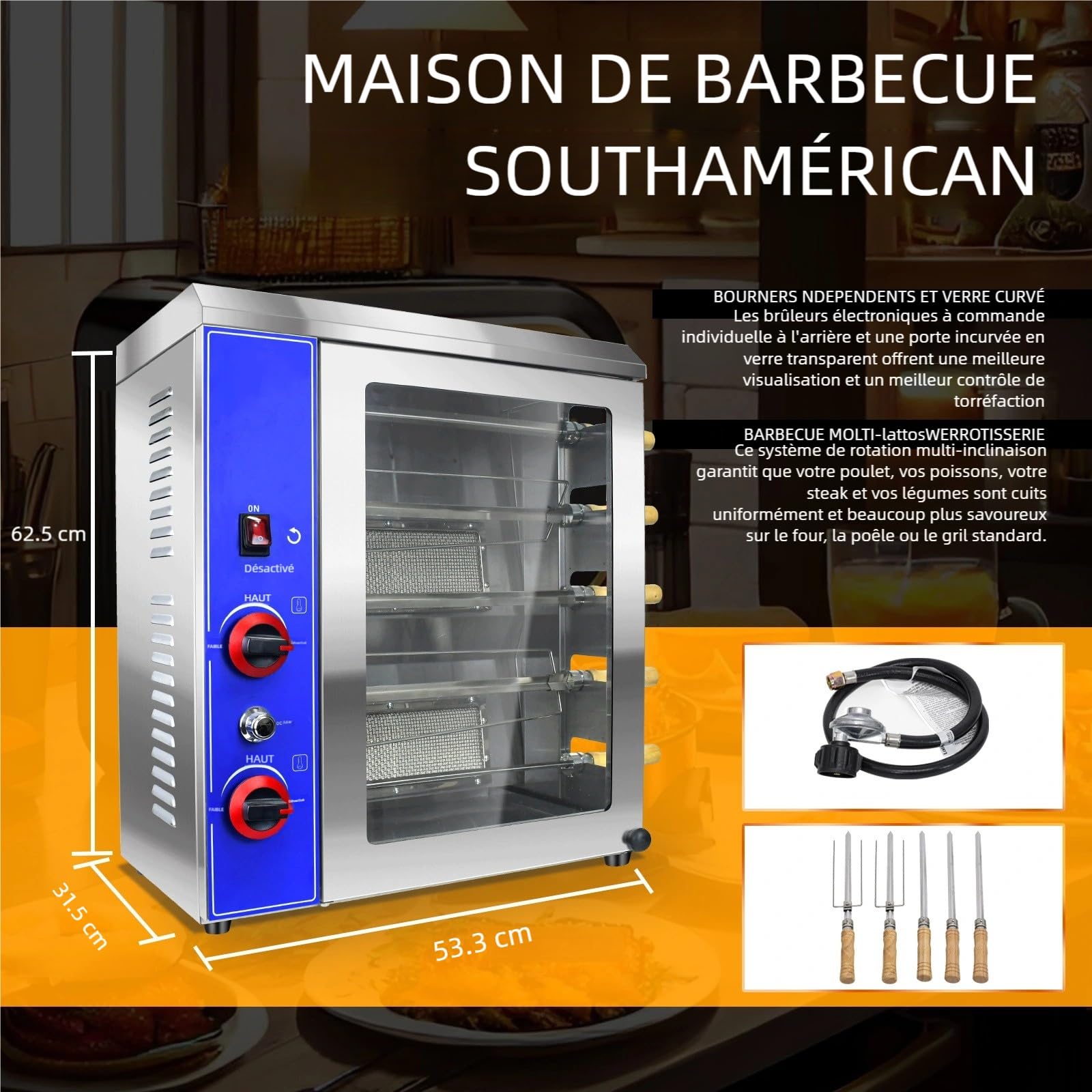 Rôtissoire à Poulet Professionnelle au Gaz – Four Rotatif Commercial Multi-Broches en Inox, Churrasco Brésilien, Idéal Restaurant et Traiteur