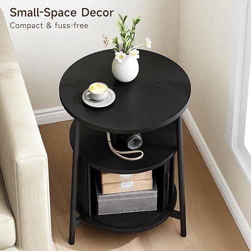 Miniatura 7 de ONBRILL Mesa auxiliar redonda con almacenamiento, mesita de noche acanalada con estación de carga, pequeñas mesas de noche modernas de mediados de