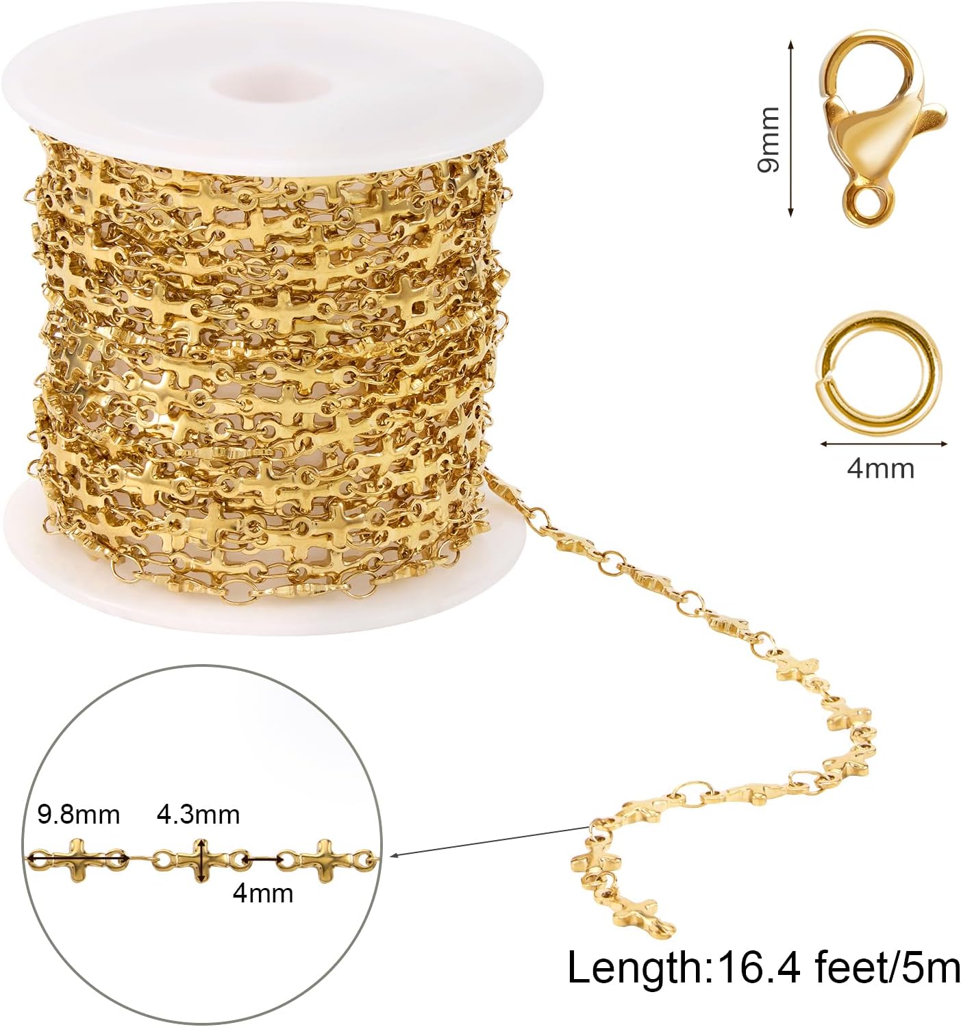 SMYHTGLIF 13 Feet Gold Cross Chain for Jewelry Making Stainless Steel Chain Bulk Craft Jewelry with Lobster Clasps and Jump Rings