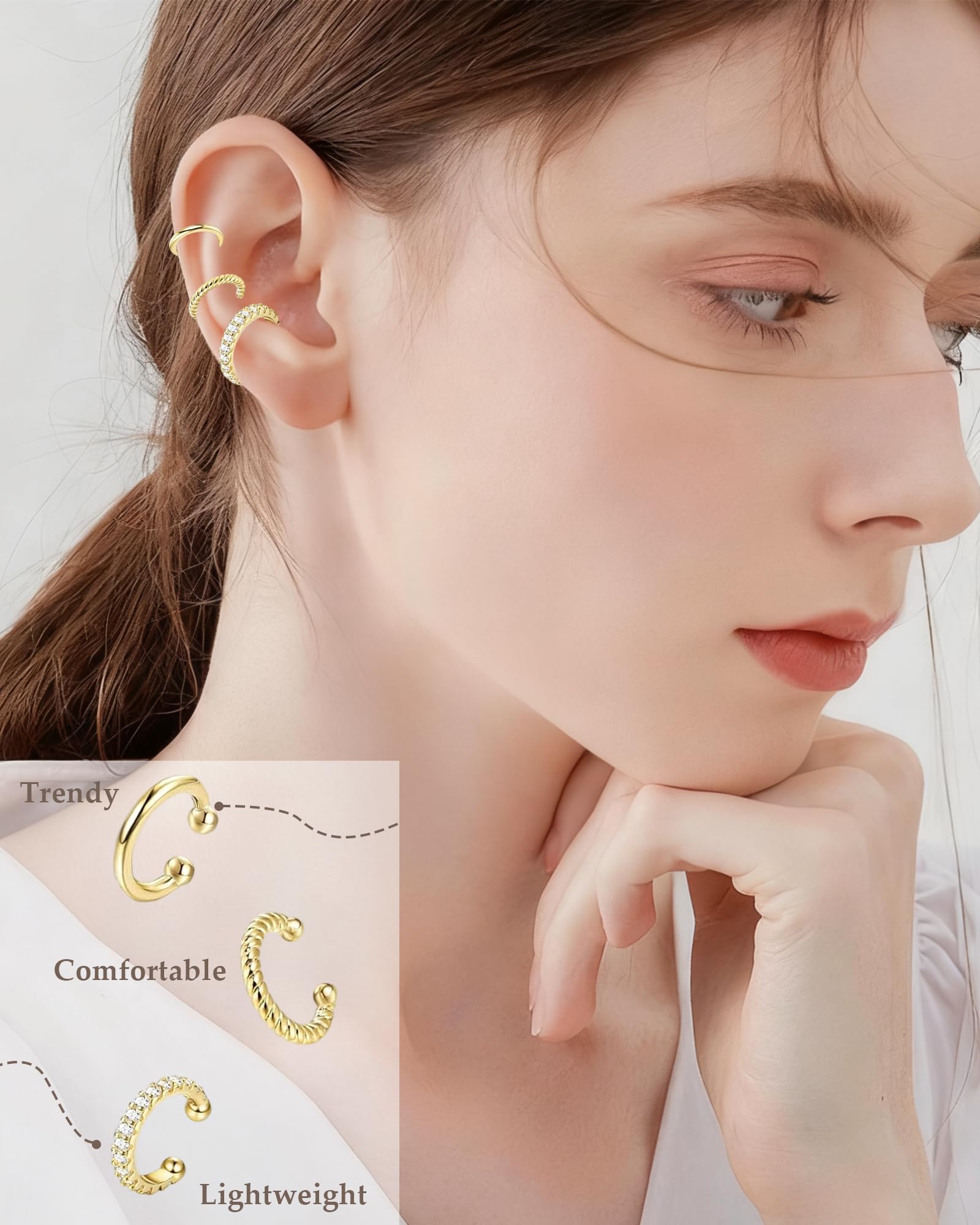 Yotlein 3 paar oormanchetten, nep-oorpiercing, clip, oorbellen zonder gat, fa-ux pier-cing-oor, niet-piercing, helix, kraakbeen, verstelbare valse oorpiercing