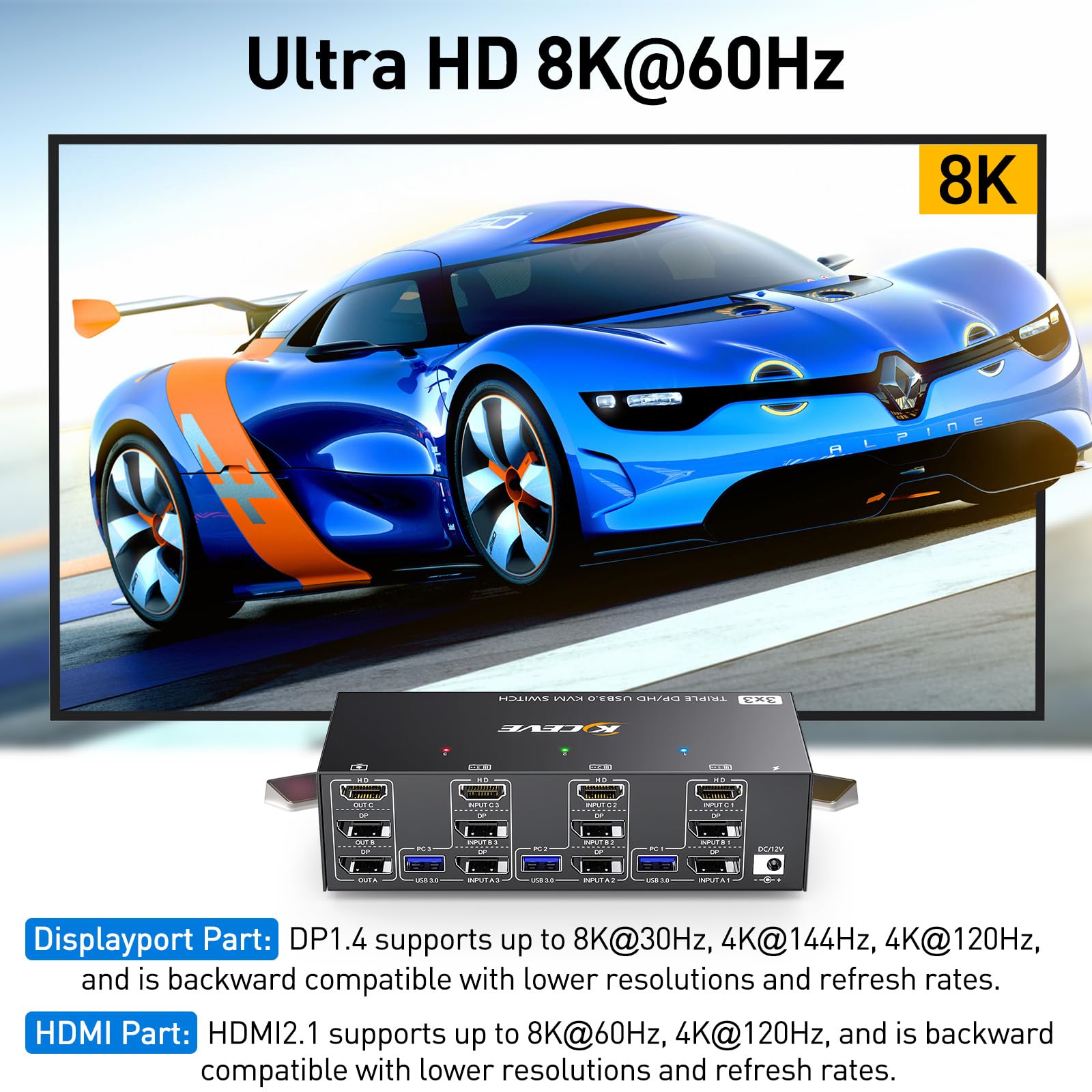 KVM Switch 3 Computer 3 monitory, KCEVE HDMI + DisplayPort USB 3.0 KVM, przełącznik 8K 30 Hz/4k 144 Hz, potrójny monitor KVM do 3 komputerów, 3 wyświetlaczy i 4 urządzeń USB 3.0