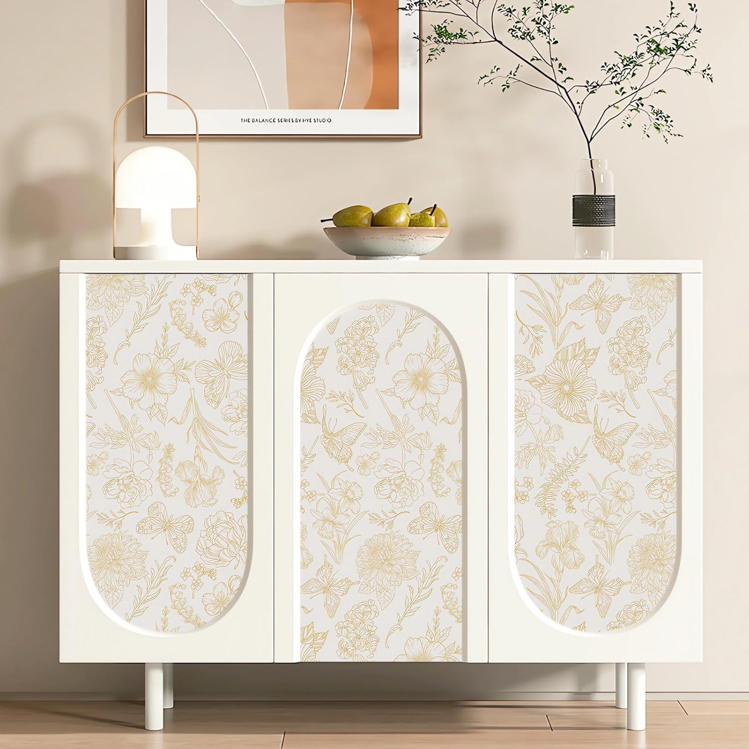 Ismoon Peel and Stick Wallpaper Beige Gold Floral Wallpaper Butterfly Boho Removable Self-Adhesive Wall Paper 17.3'' x 393'' Vintage Flower Contact Paper for Bathroom Cabinets Wall Decor