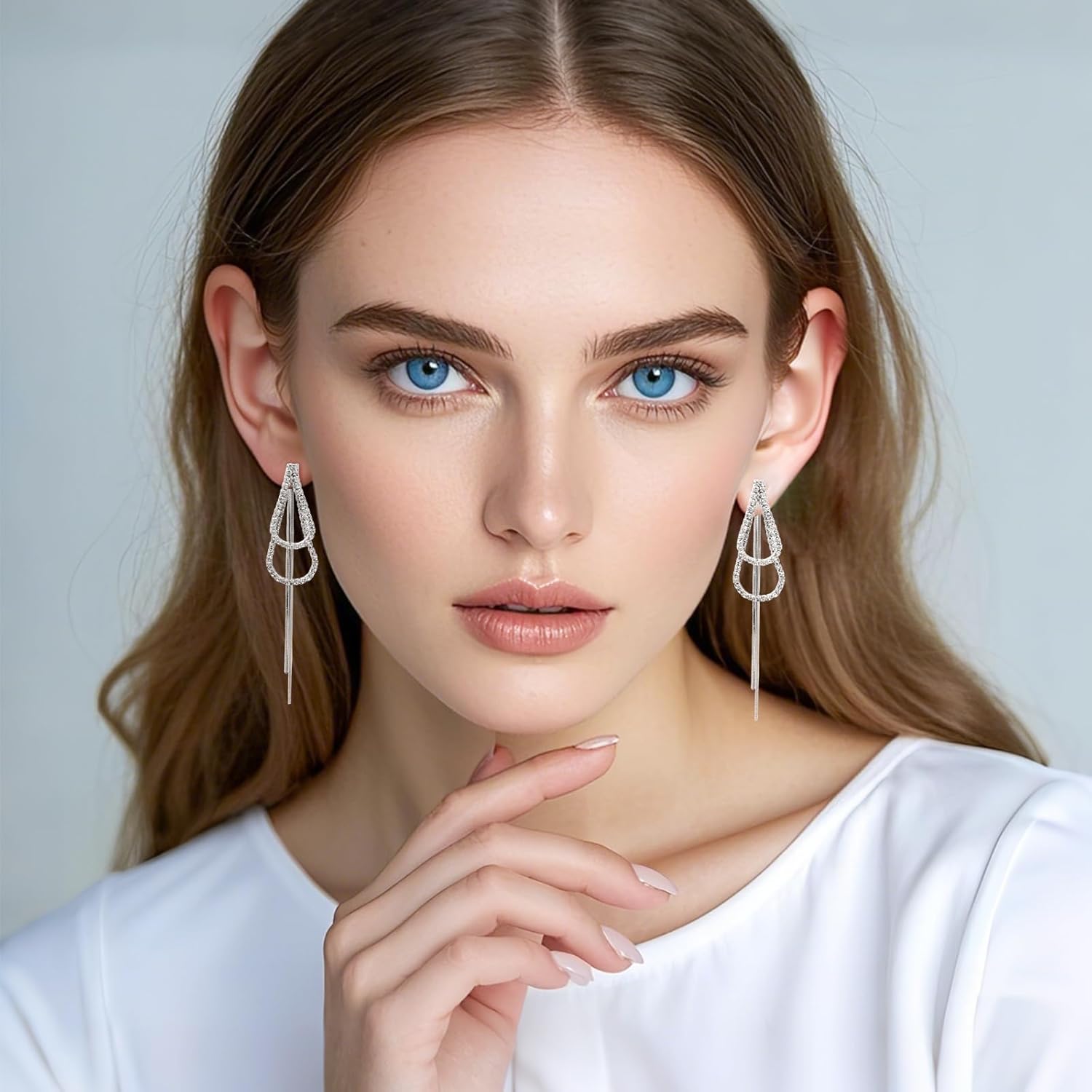 Large Silver Teardrop Dangle Earrings for Women Tassel with Cubic Zirconia Long Chain Dangling Front Back Earrings for Party - Image 6