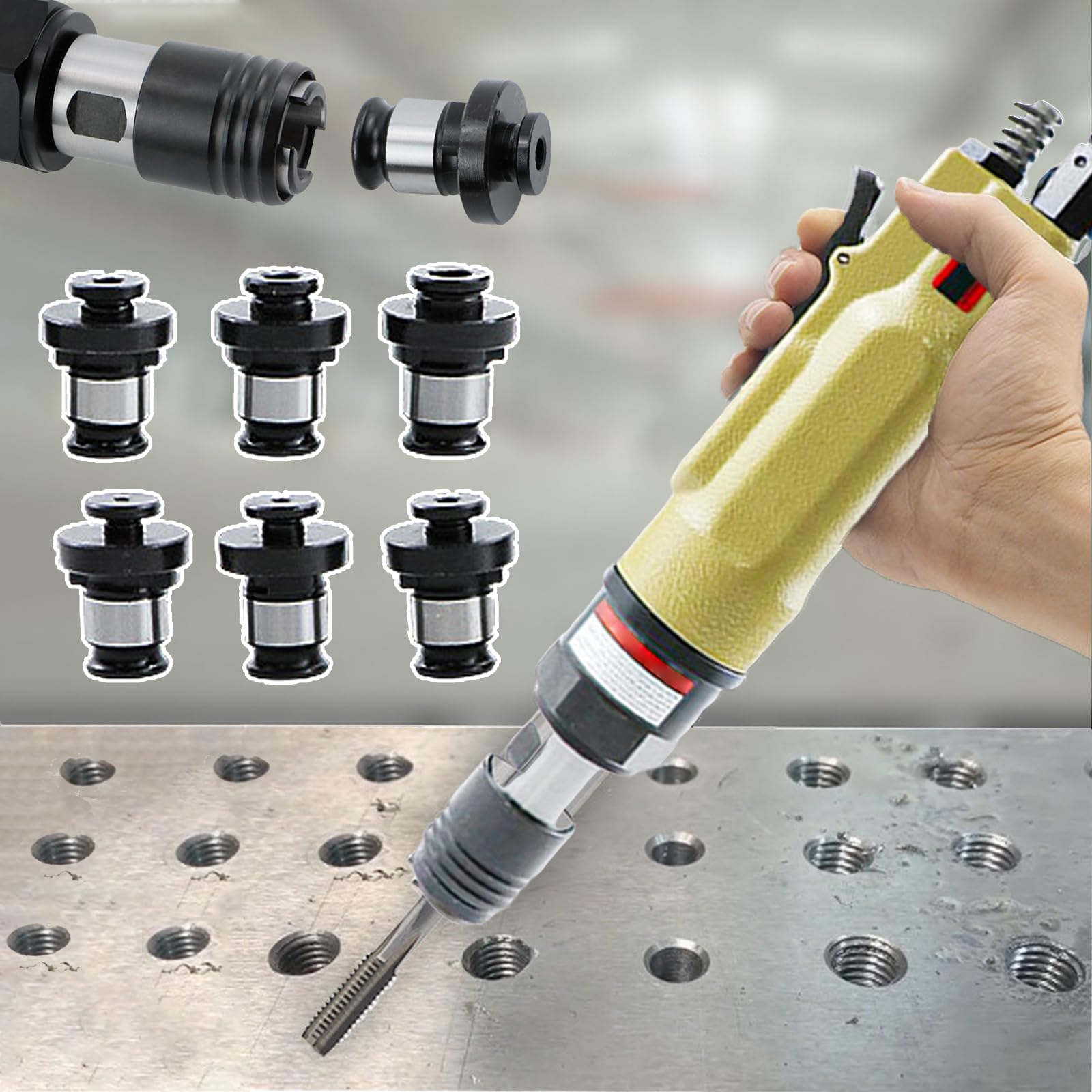 Macho De Roscar con Cabezal Autoblocante, Máquina De Roscar Neumática, 6 Mandriles (M3-M12), Cambio De Taladrado/roscado, Roscado Eficiente Y Preciso, para Cobre, Hierro, Aluminio,Yellow