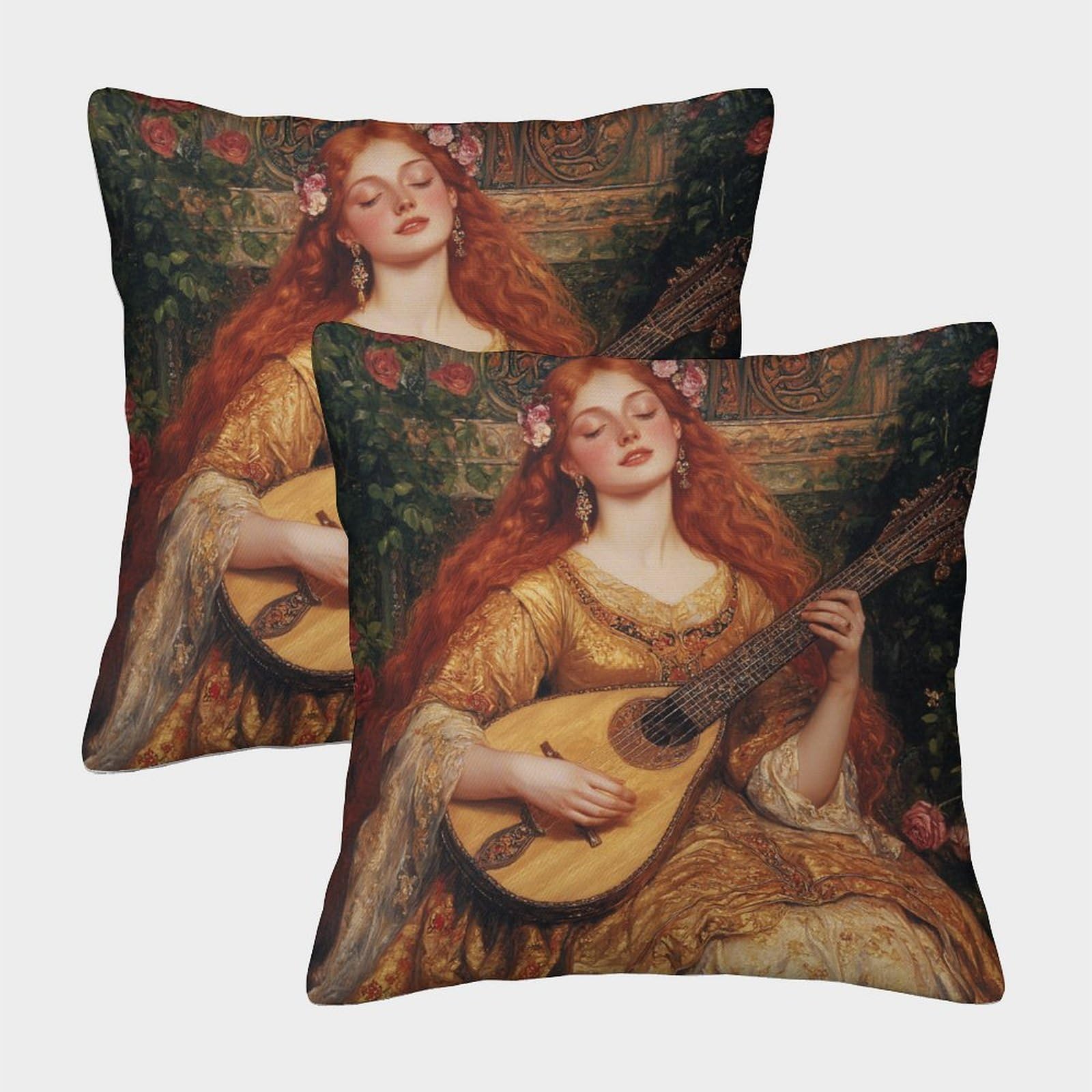 kaiyun 2 Pack The Graceful Woman Plays The Pipa Luxury Digital Printed Soft 3D Rose Bush Themed Square Cushion Cover 40x40cm