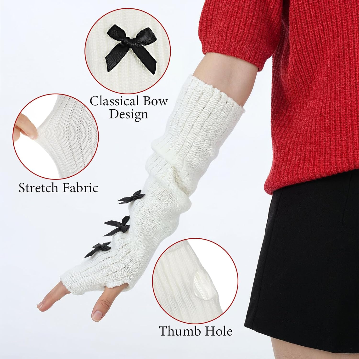Knitted Arm Warmers, Long-Sleeve Gloves, Y2k Accessories with Bow, Harajuku Lolita Fingerless Mittens for Women Girl - Image 6