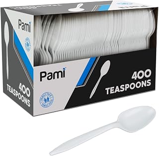 PAMI 400 Pack Medium Weight White Plastic Teaspoons - Disposable Bulk Spoons for Parties, Weddings, Catering