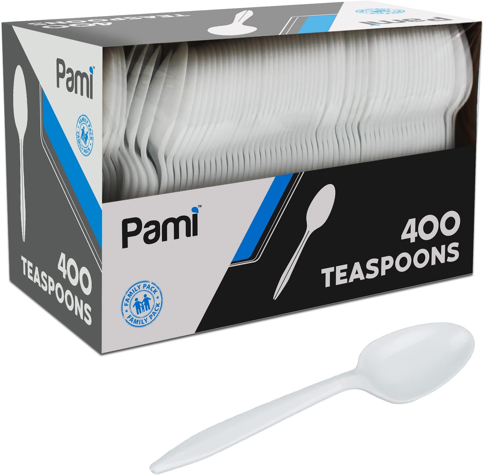 PAMI 400-Pack Medium Weight Disposable Plastic Teaspoons, Bulk Utensils for Parties, Weddings, Catering, Plastic Forks in Bulk Available (Teaspoons White)