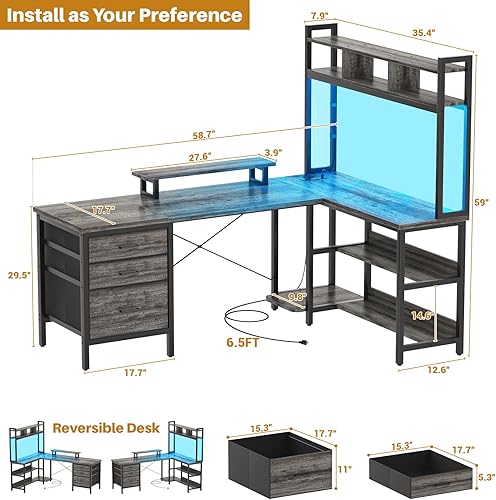 Miniatura 2 de Aheaplus Escritorio en forma de L con alacena, escritorio para juegos con luces LED, escritorio reversible para computadora con toma de corriente,