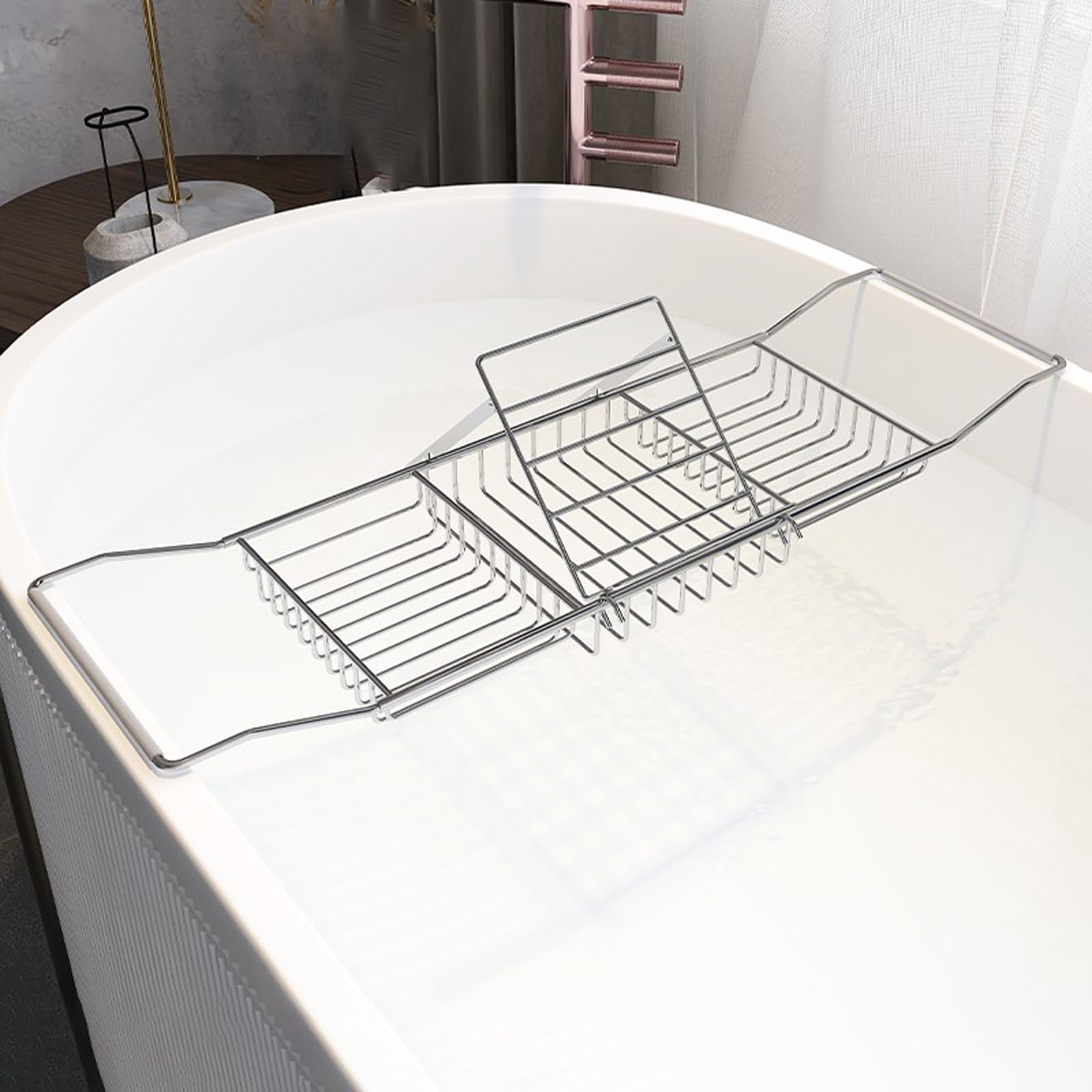 Bandeja de acero inoxidable ajustable para bañera y soporte de lectura