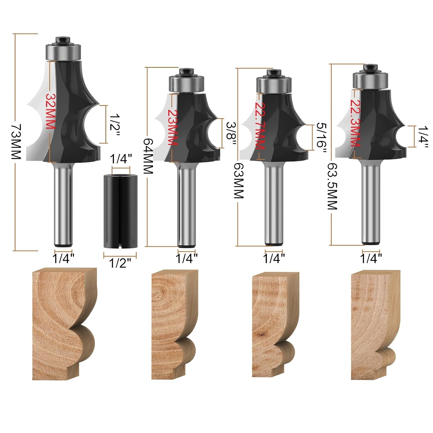1/4 Inch Shank Architectural Molding Router Bit Drawing line Bits Woodworking Cutter Tool - 1/4, 3/8, 5/16, 1/2 4PCS