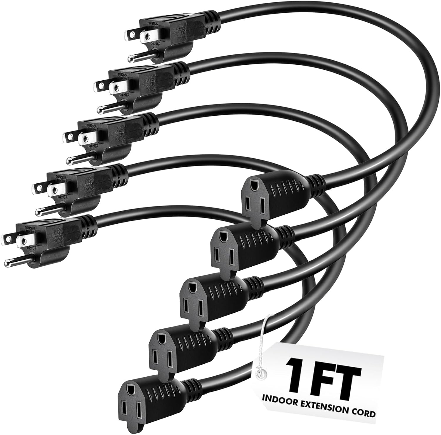 Kanayu 5 Pcs 1 ft Black 3 Prong Extension Cords, [UL Listed] 13a 125v 1625w, Indoor Outlet Extender Male and Female Power Cables, Flexible for Indoor, Office, Garden, Landscaping & Holiday Decorations