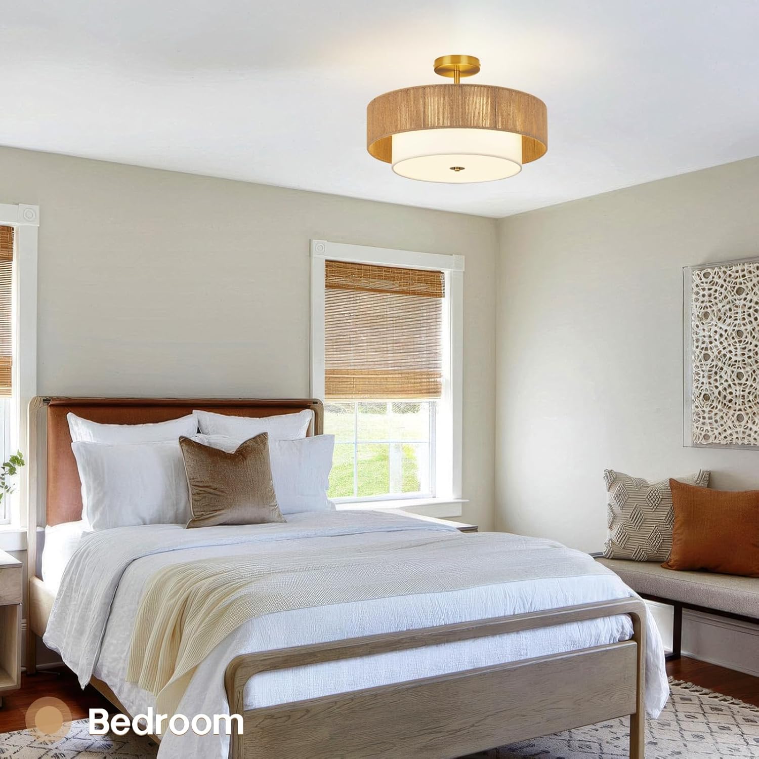 18 Inch Rattan Semi Flush Mount Ceiling Light Fixture,3-Light Boho Light Fixtures Ceiling Mount with Woven Hemp Rope & White Fabric Shade,Farmhouse Drum Light for Living Room,Bedroom,Kitchen