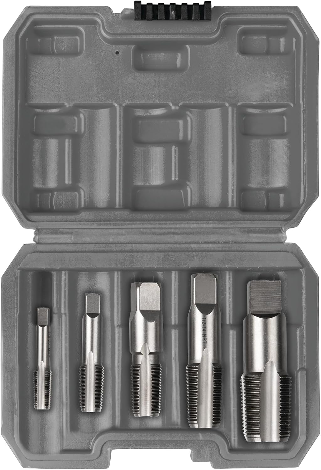 Performance Tool W86950 5 pc. Pipe Tap Set: 1/8 to 3/4-in NPT Sizes, Straight Flute to Remove Chips, Carbon Steel Construction, Comes with Blow-Molded Case, for Plumbing, Automotive and Household
