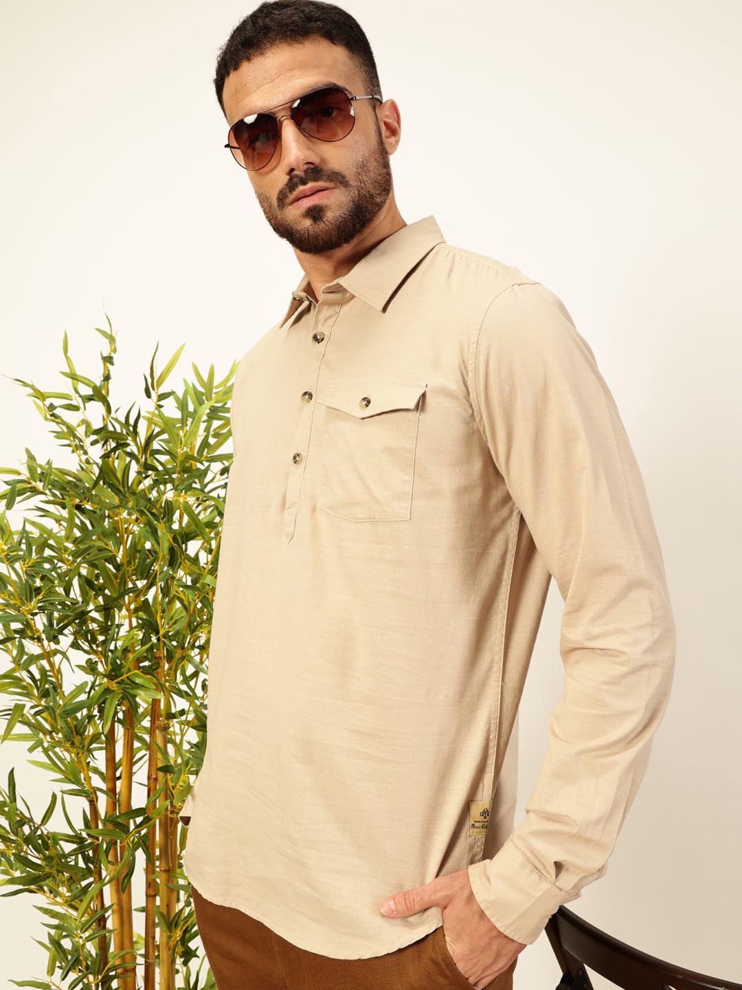 Thomas Scott Men Solid Cotton Linen Kurta Shirt (Ts1531_Beige, Xl)