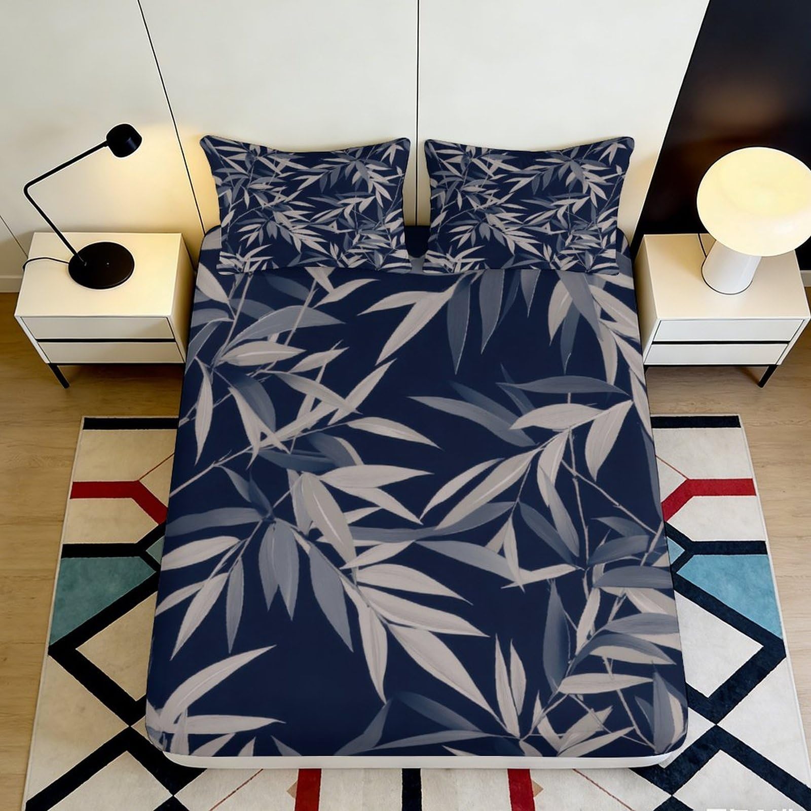 Pnayamiorkfel Style-4 3D Printed Navy Bamboo Leaves Fitted Sheet Microfiber Soft Mattress Cover For Bedroom Guest Room Decor 90X200x25cm