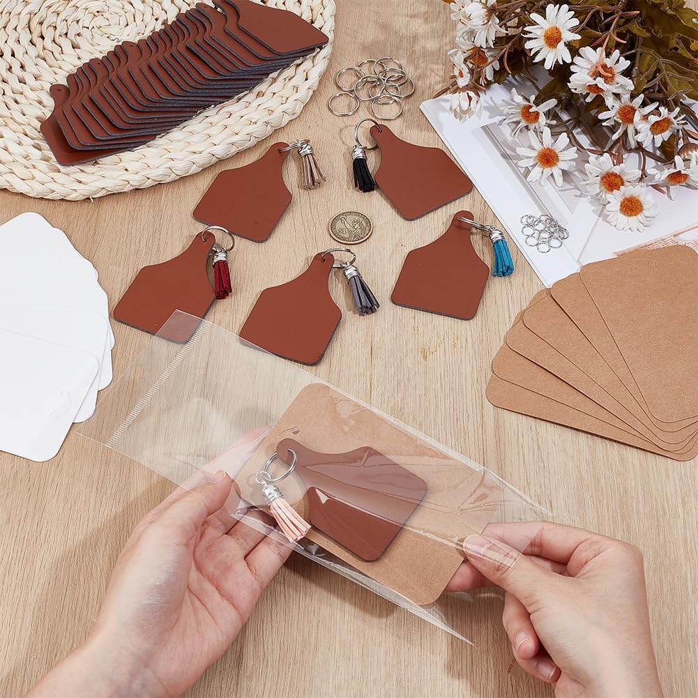 OLYCRAFT 180Pcs/Set Leather Keychain Kit PU Leather Key Fob Kit Universal Brown Key Fob Keychain Blank Leathers Keychains Set with Pendant and Jump Rings for Laser Engraving Keychains Making DIY Craft